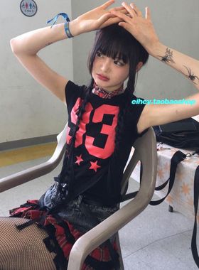 eihey诶嘿夏季复古美式甜酷百搭修身上衣休闲数字印花短袖T恤女