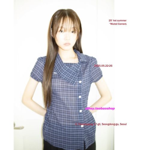 eihey诶嘿夏季不对称系扣大翻领格纹拼色泡泡袖短袖百搭上衣衬衫