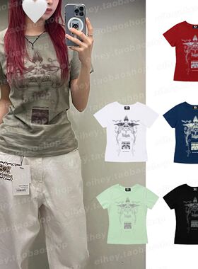 eihey诶嘿夏季新款小众复古个性印花圆领修身显瘦短袖T恤上衣女