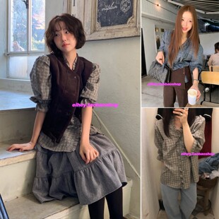 上衣衬衣女 单排扣内搭荷叶短袖 eihey诶嘿春夏格子花边泡泡袖 衬衫