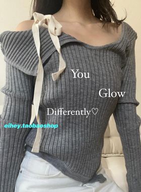 eihey诶嘿设计感露肩性感不对称系带一字肩辣妹打底针织毛衣上衣