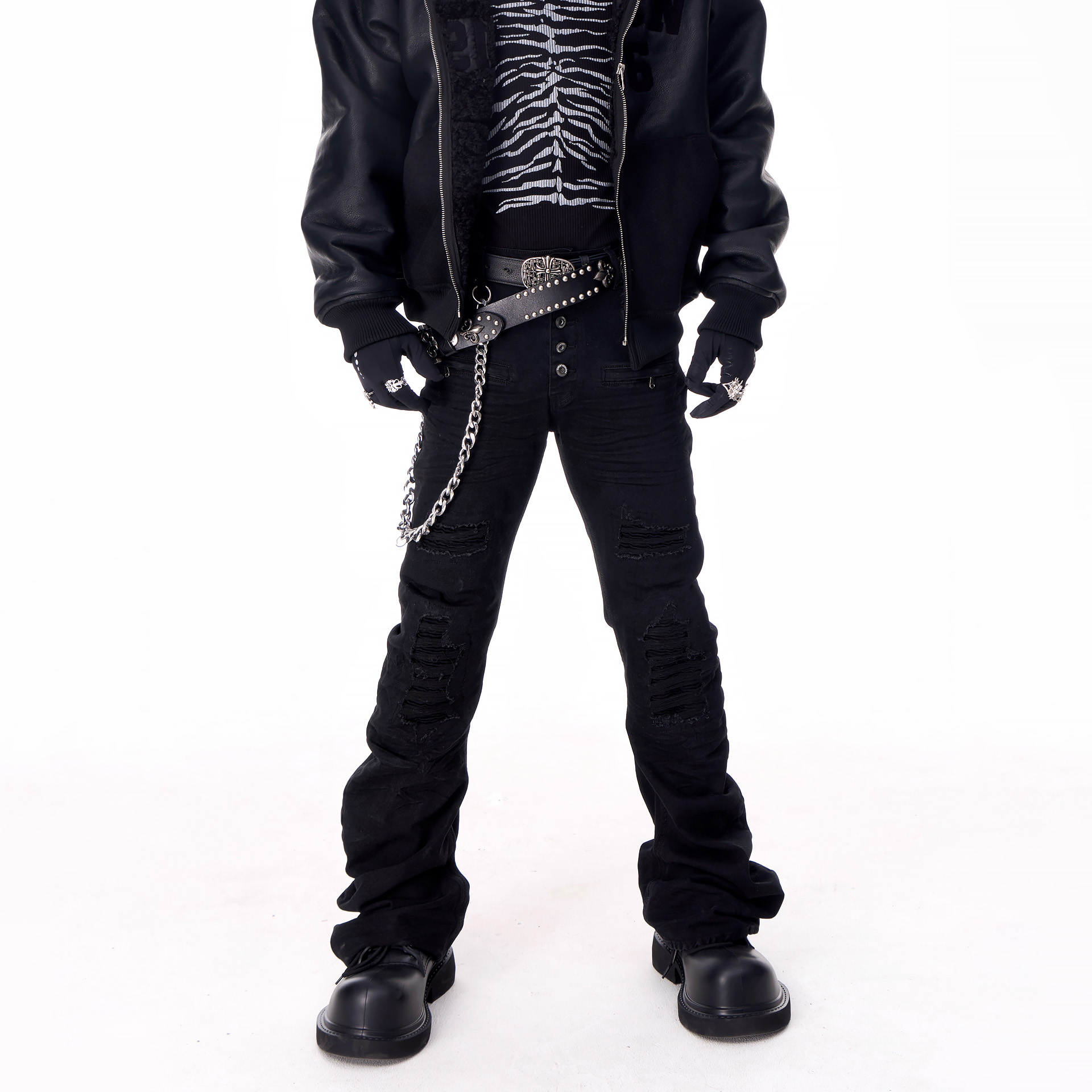 加长褶皱RO风微喇修身美式高街