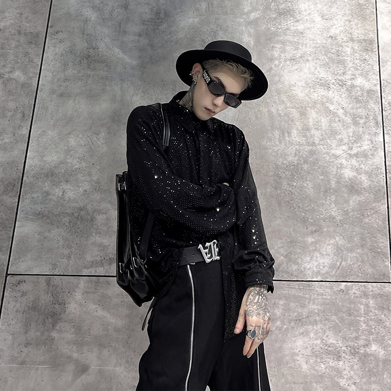 牧羊帅高定面料夜店蹦迪亮片衬衫男女上衣痞帅宽松演出服长袖衬衣