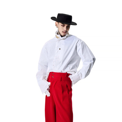 牧羊帅法式木耳边立领男衬衫