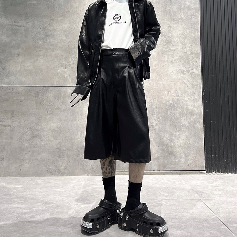 牧羊帅 小众设计感褶皱阔腿短裤男痞帅休闲五分裤pu皮裤潮流中裤,男装,皮裤,淘宝优惠券,粉丝福利购,淘宝优惠卷