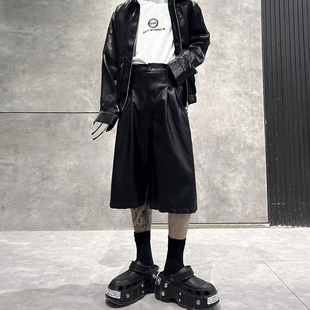 潮流中裤 牧羊帅 pu皮裤 男痞帅休闲五分裤 小众设计感褶皱阔腿短裤