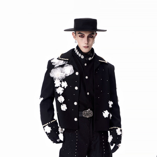 牧羊帅 垫肩夹克男模团队演出小香风外套 高级感秀场立体花朵短款