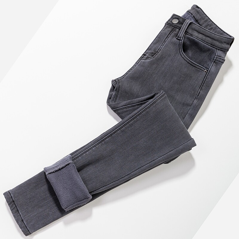 SMOKY GRAY PLUS VELVET JEANS WOMENS SMALL FEET PENCIL PANTS KOREAN VERSION OF HIGH WAIST WINTER WARMTH THICK STRETCH TIGHT TROUSERS