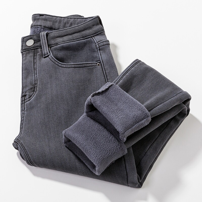 SMOKY GRAY PLUS VELVET JEANS WOMENS SMALL FEET PENCIL PANTS KOREAN VERSION OF HIGH WAIST WINTER WARMTH THICK STRETCH TIGHT TROUSERS