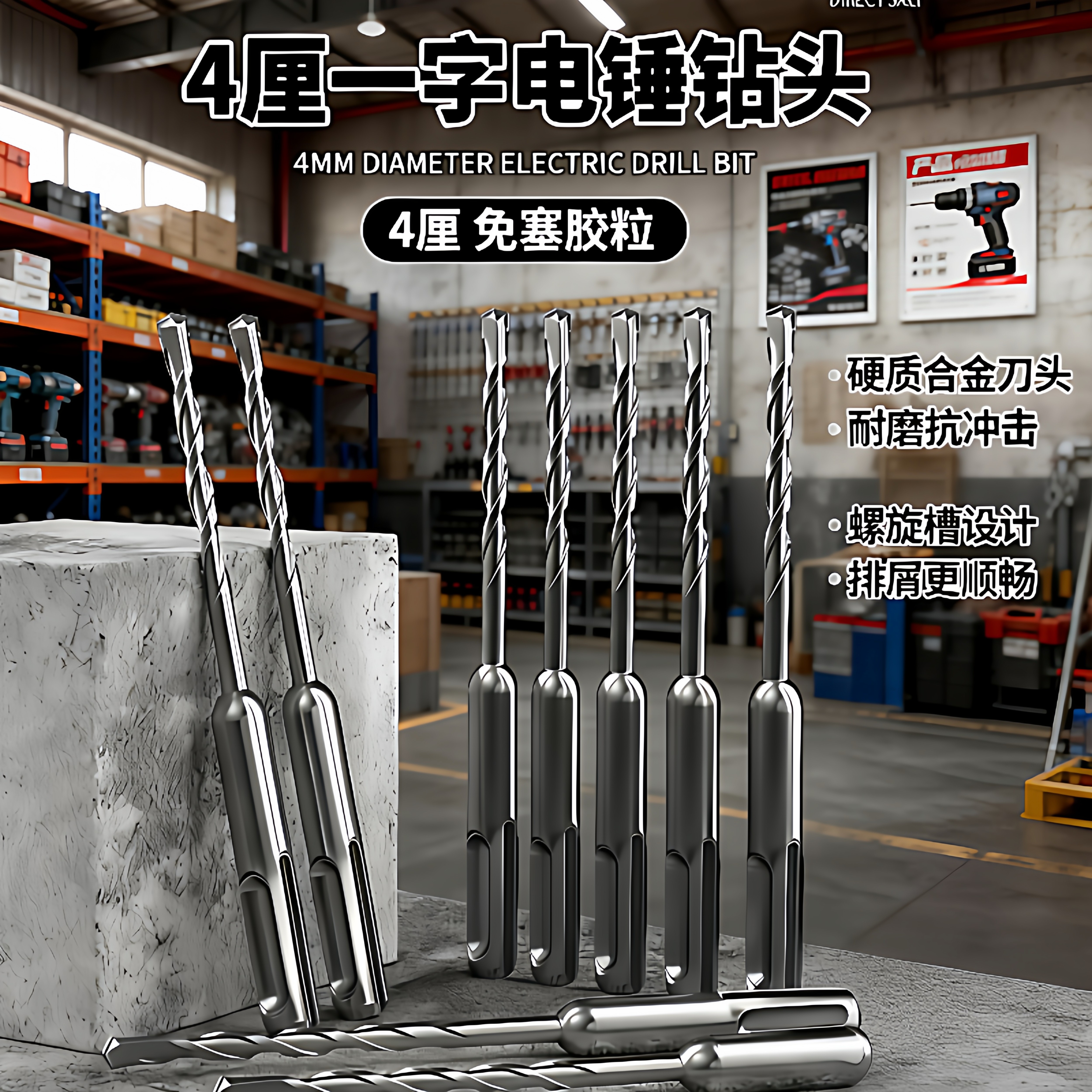 4mm电锤冲击钻头不用打胶塞快速固定线管水管打孔穿墙器