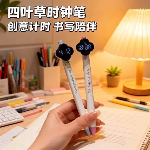 四叶草静音按压LED计时中性笔