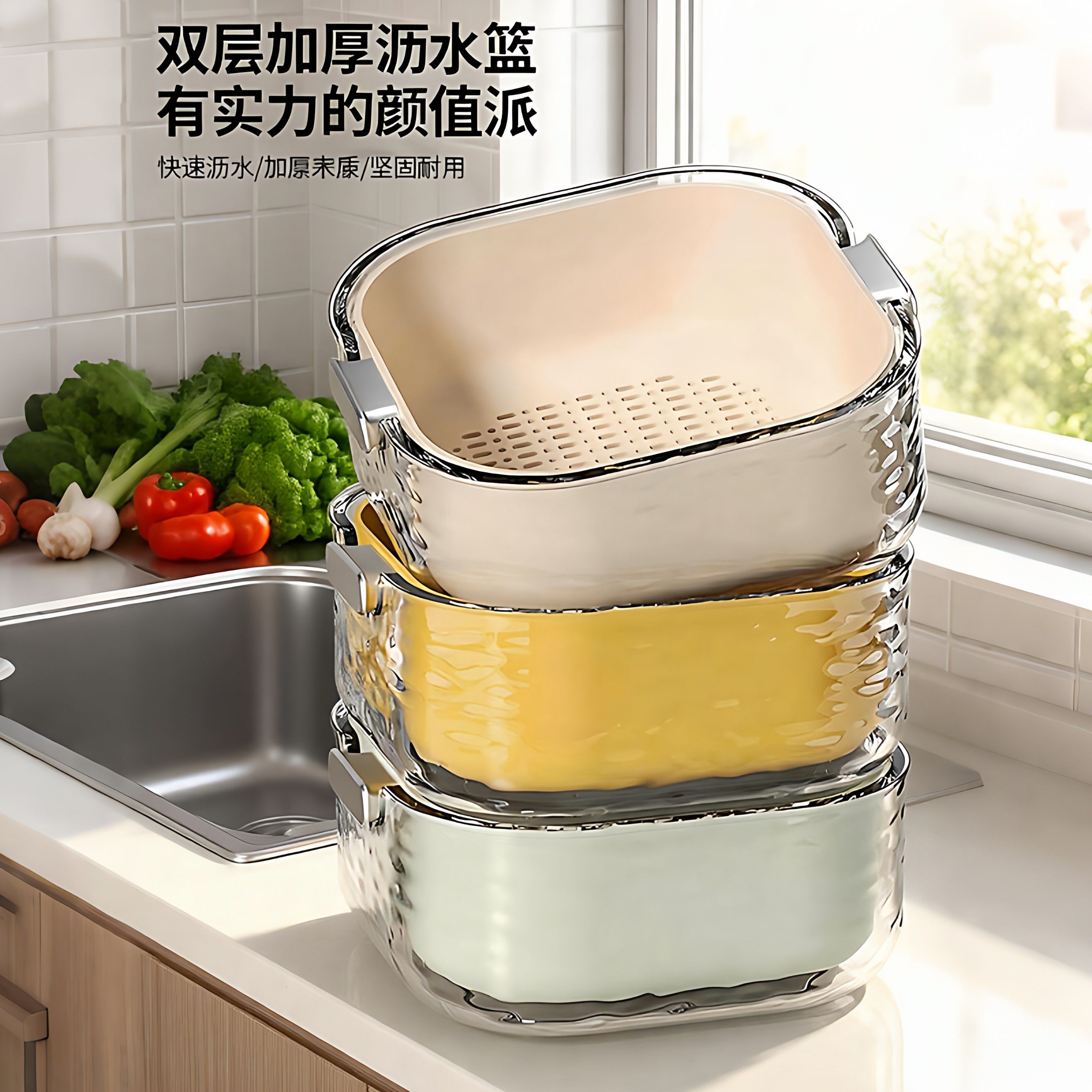 洗菜盆沥水篮厨房客厅家用洗水果盘简约双层塑料淘菜菜篮子