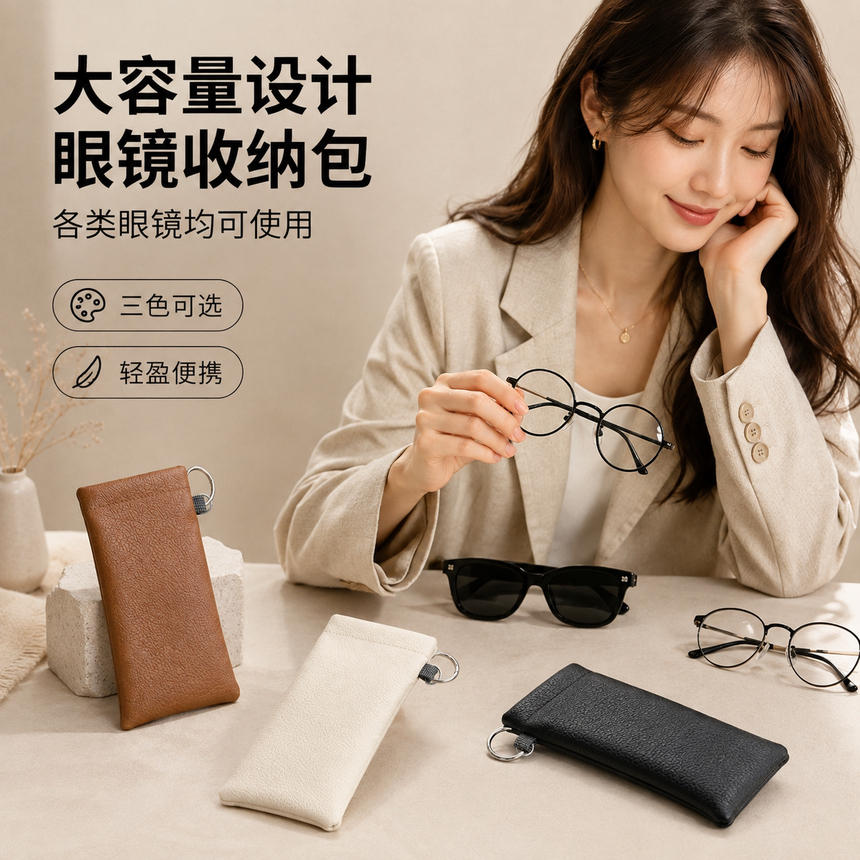 皮革自动闭合挂环眼镜收纳盒