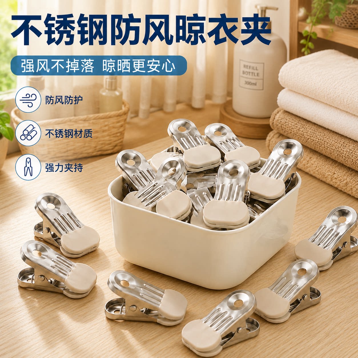 不锈钢防风晾衣夹家用强力防滑
