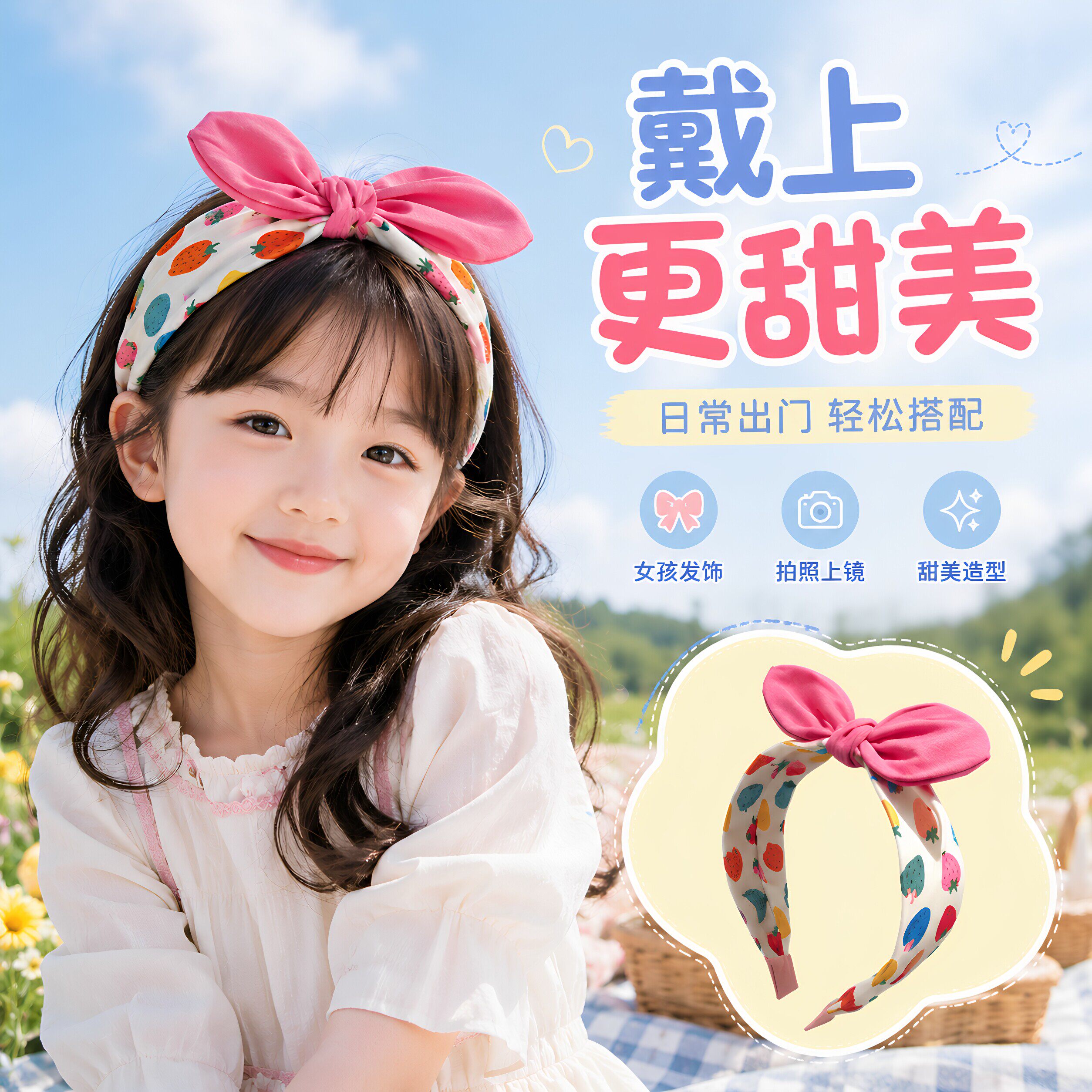儿童发饰发箍耳朵发箍可爱草莓布艺压发头箍女孩不勒头防滑发卡