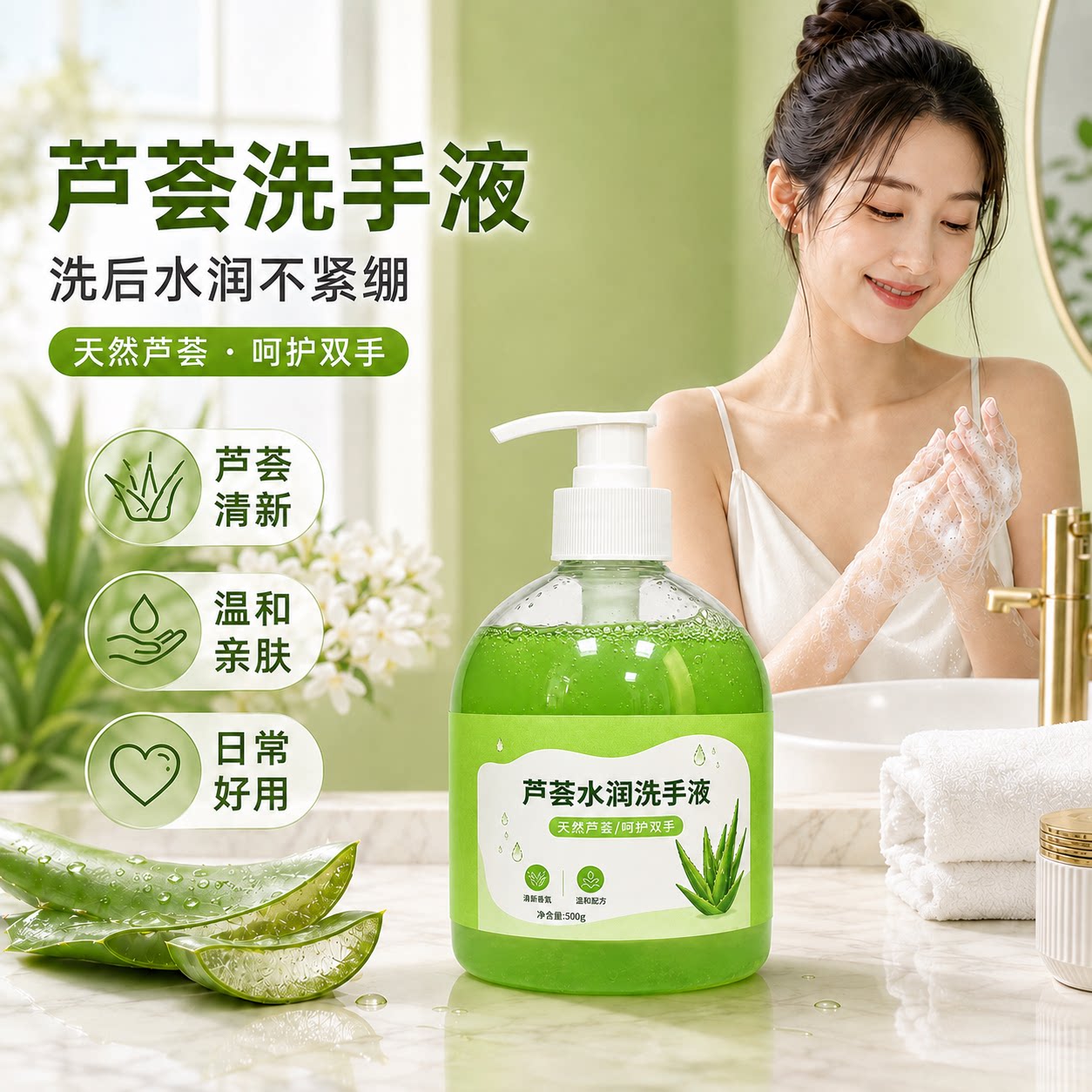芦荟洗手液500g瓶装清香型清洁滋润保湿家用消毒儿童学生家用