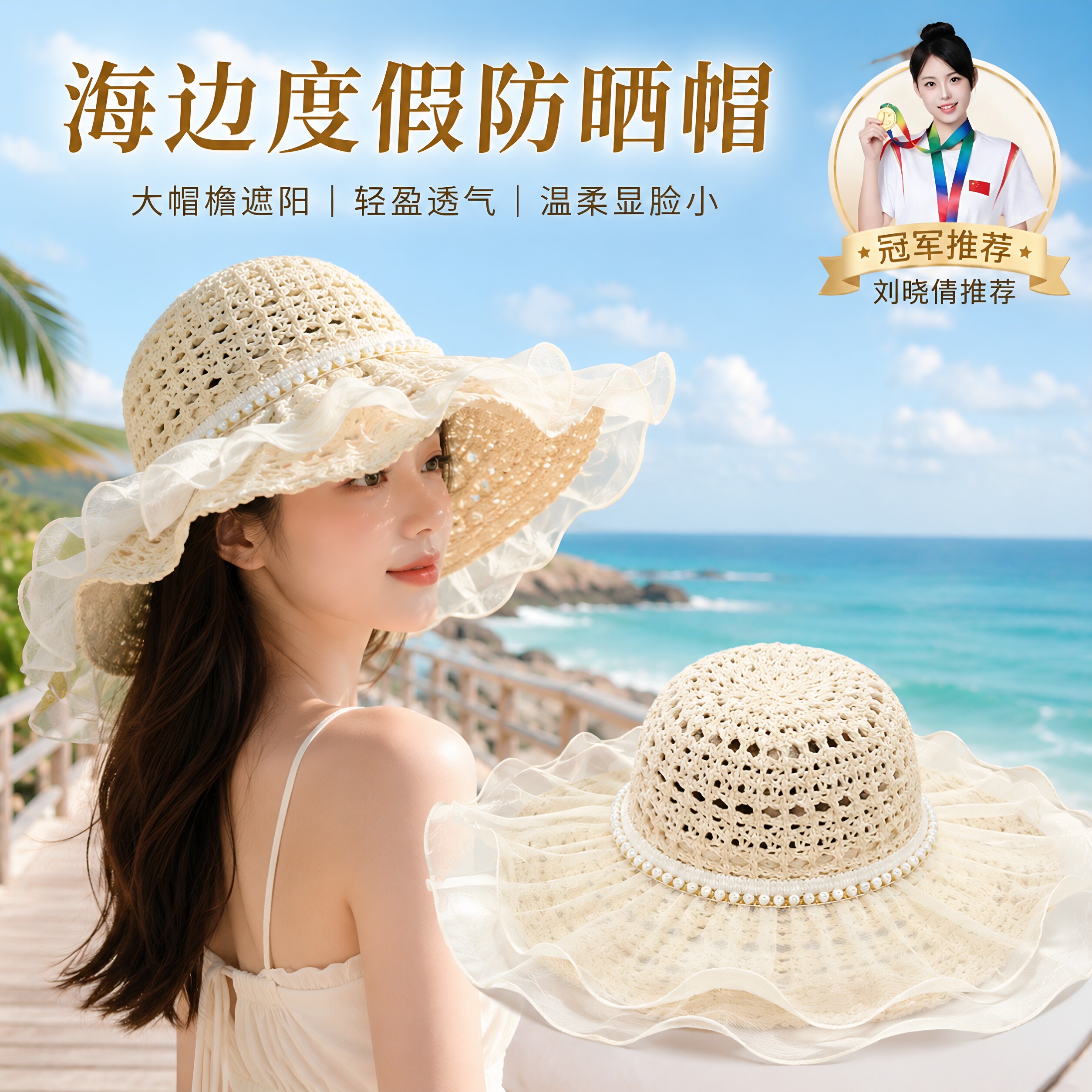 新款泫雅风彩珠渔夫帽夏季海边草帽女大帽檐遮阳防晒帽可折叠帽子