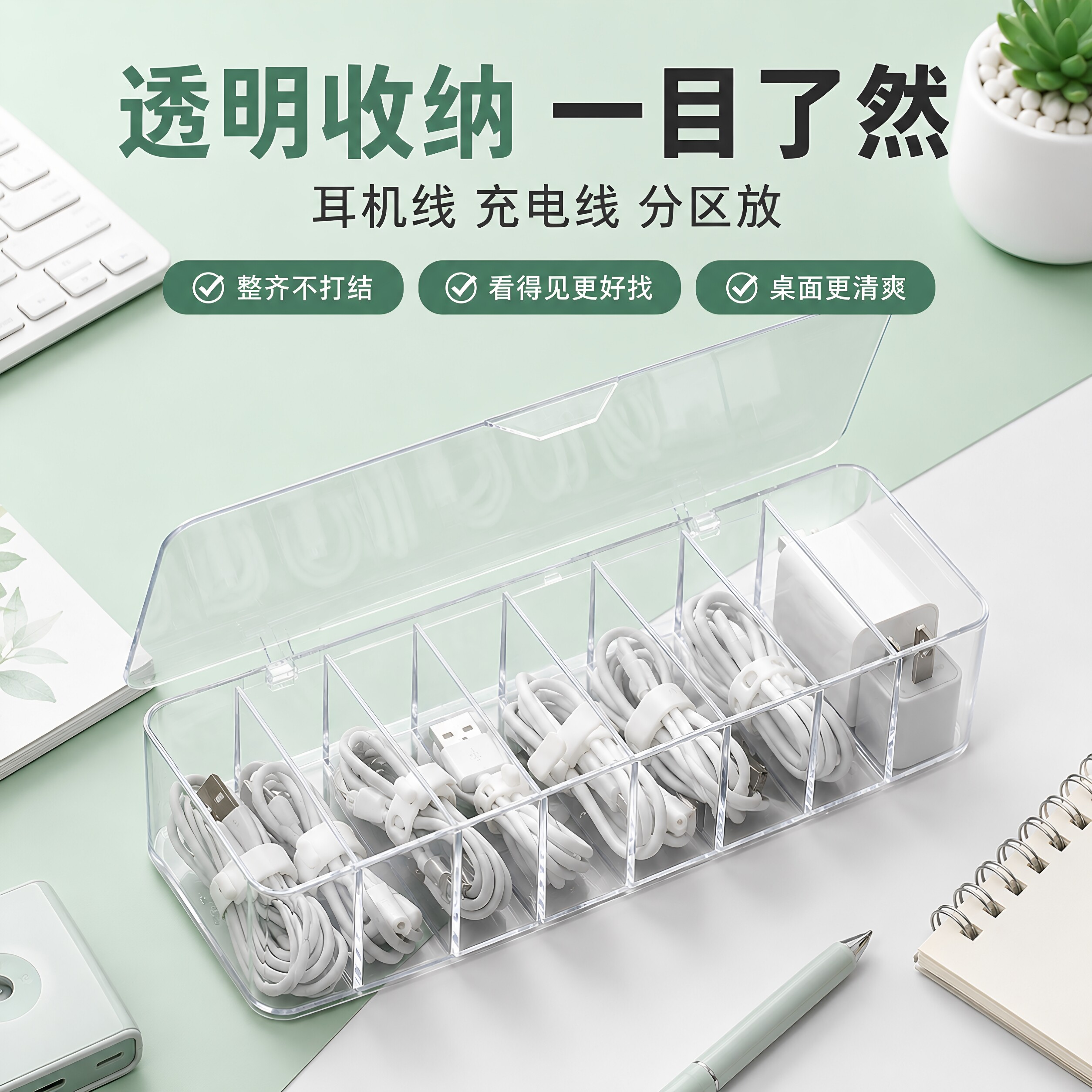 桌面数据线收纳神器手机充电器充电线整理分格绕线器电源线收纳盒