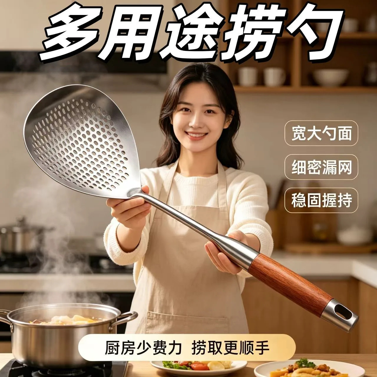 加厚不锈钢加宽捞面饺子漏勺