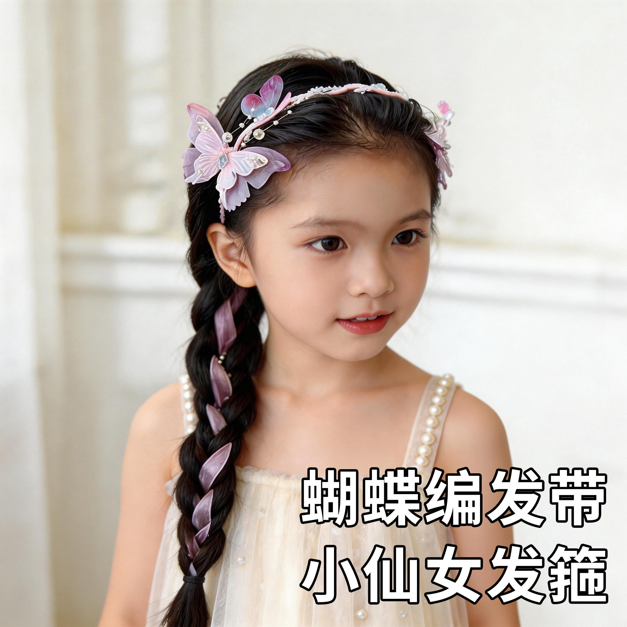 女童夏日洋气大蝴蝶雪纱带编发头箍甜美公主仙气蝴蝶珠珠发箍发饰