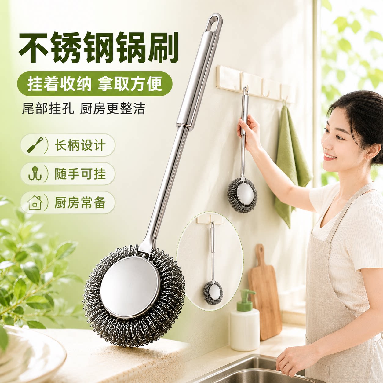 不锈钢锅刷长柄洗锅刷清洁刷子家用大号钢丝球带手柄去污刷锅工具