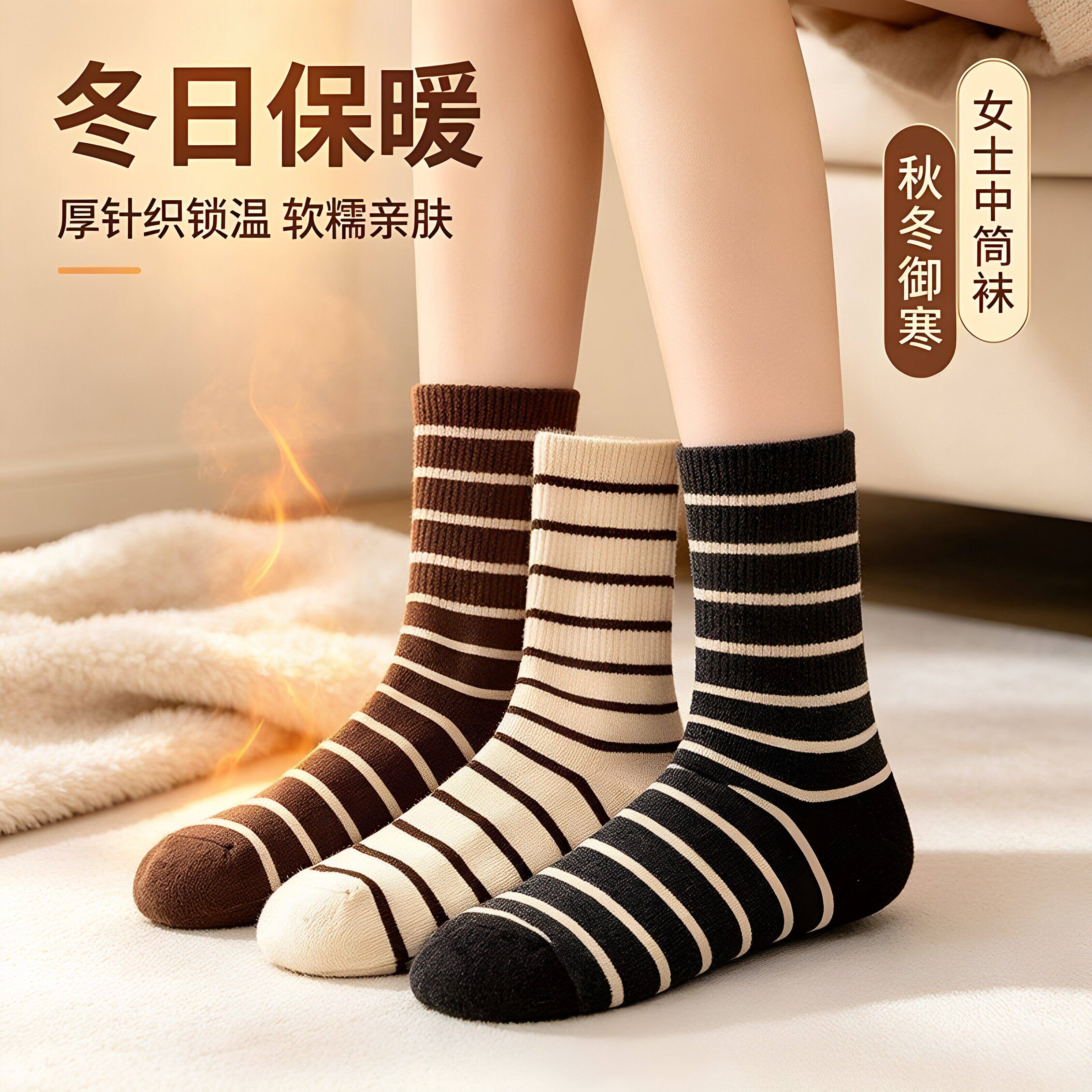 美拉德条纹秋冬女中筒棉袜配鲨鱼