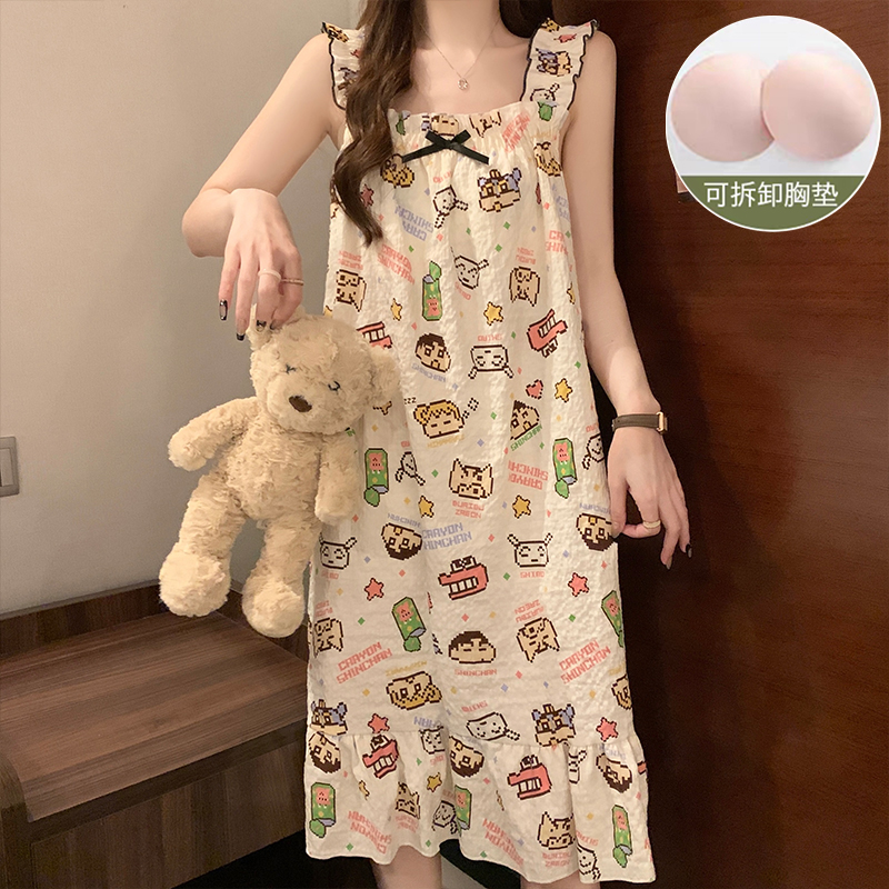 带胸垫防凸点大码吊带睡裙女夏季卡通甜美宽松加肥200斤背心睡衣