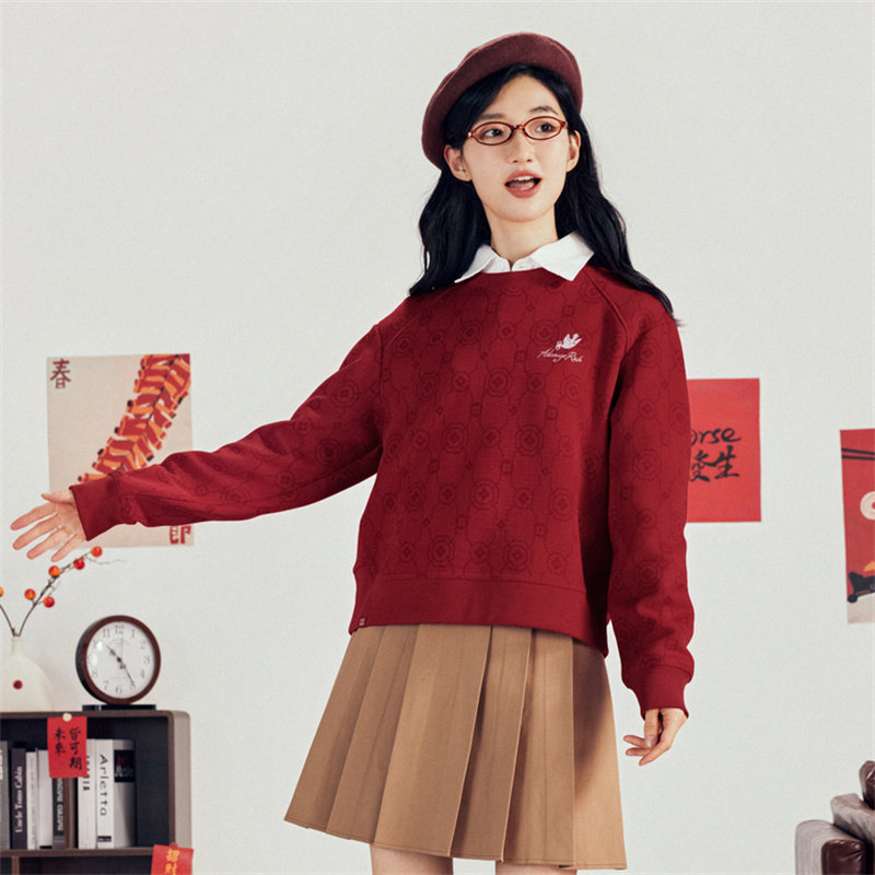 乔丹新年红卫衣女运动针织套头衫