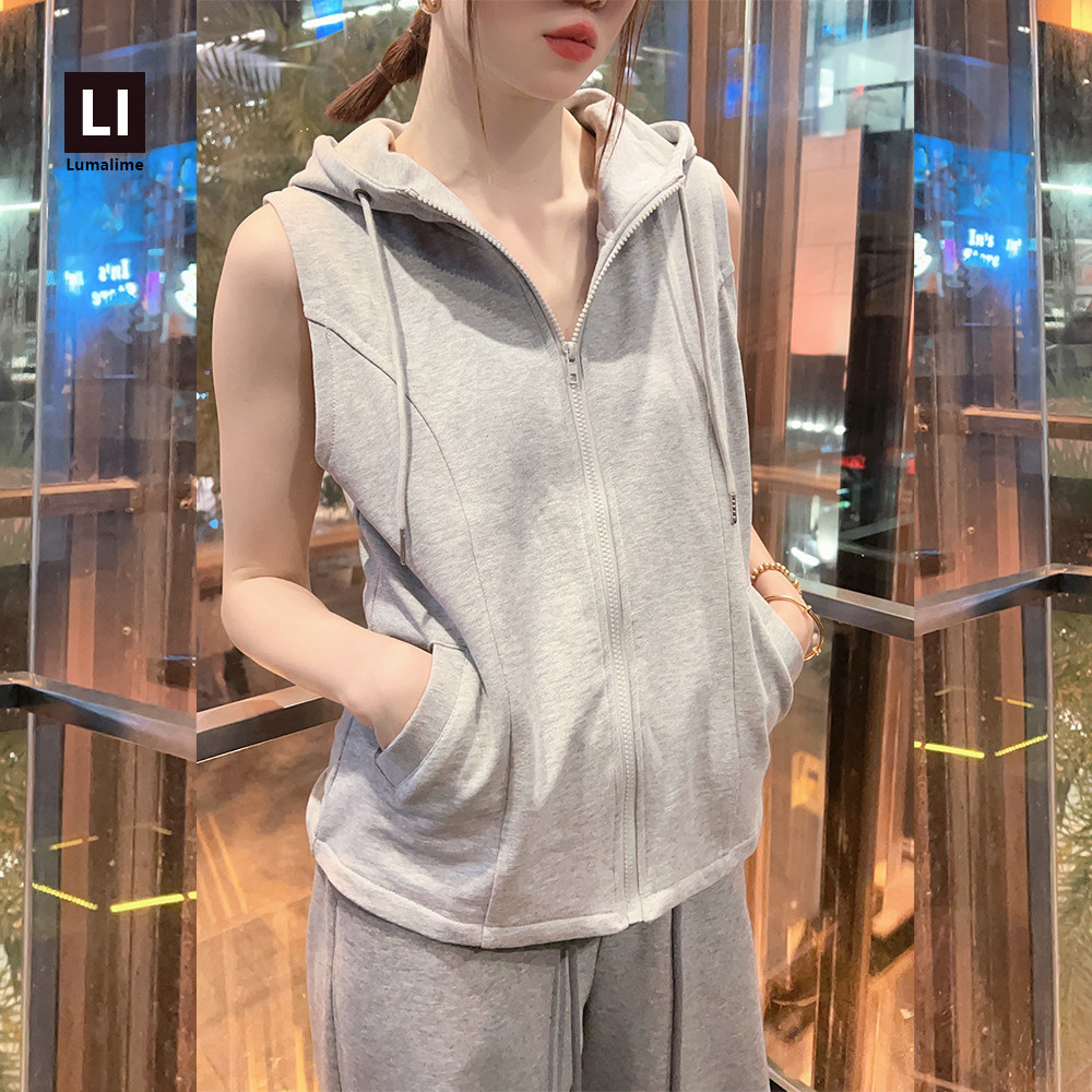 春秋纯棉马甲帽衫拉链连帽开衫卫衣宽松休闲情侣女运动坎肩大小码