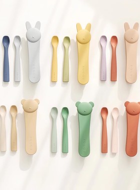 韩国ROCOU宝宝婴幼儿辅食勺子高端铂金硅胶餐具防摔便携收纳盒子