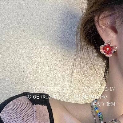 复古高级感渐变粉色水晶耳环