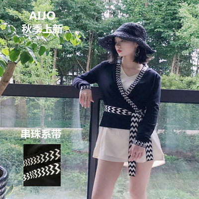 短款针织开衫系带小外套拼色串珠