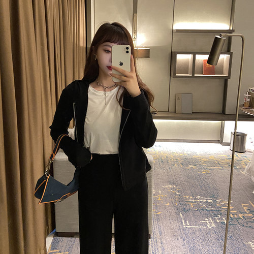 小香风黑色修身拉链口袋连帽卫衣