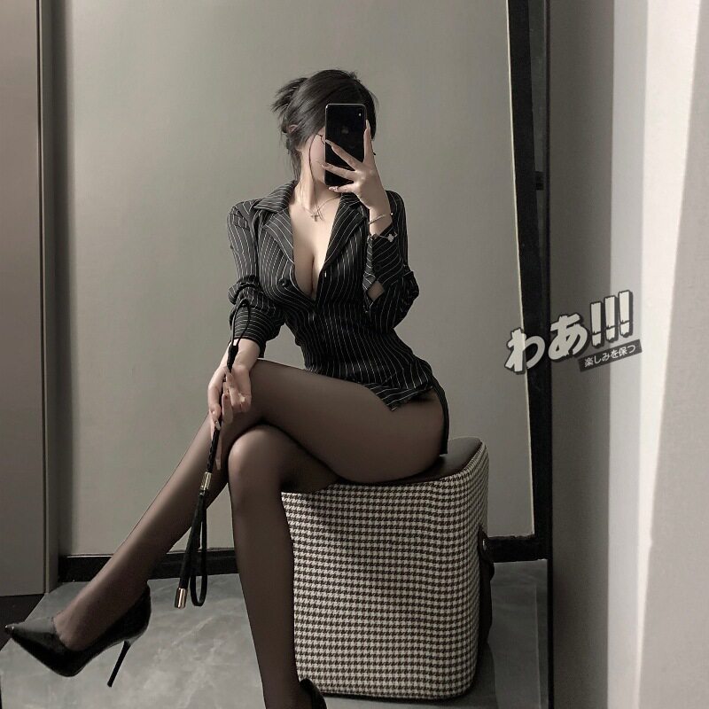 OL御姐性感风低胸撞色条纹衬衣夜店女装修身收腰显瘦制服衬衫上衣