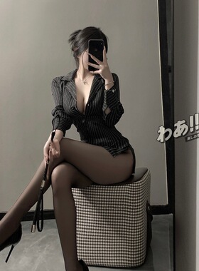 OL御姐性感风低胸撞色条纹衬衣夜店女装修身收腰显瘦制服衬衫上衣