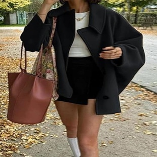 Button Loose Coat Lap Jacket Oblique Sleeve Women Batwing