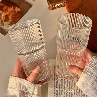 1/2pcs 600ml Stripe Glass Cup with Lid and Straw Transparen