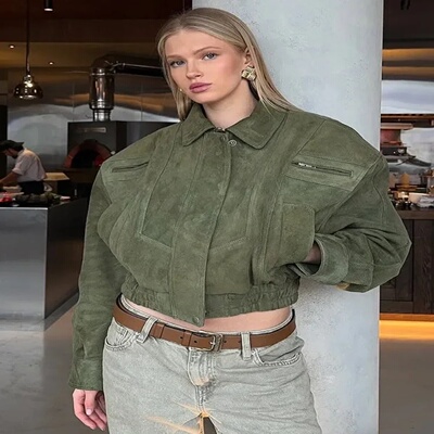 Women Camel Cropped Suede Jacket Elegant Lapel Full Sleeve