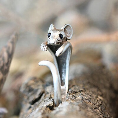 Huitan Vintage Mouse Animal Finger Ring for Women Antique S