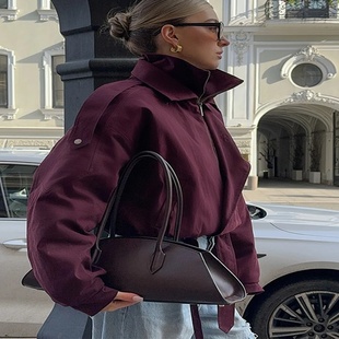 Fashion Burgundy Zipper Bomber Jacket Women Loose Stand Col