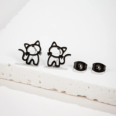 1 Pair Cute Cat Stainless Steel Stud Earrings for Mens Wome