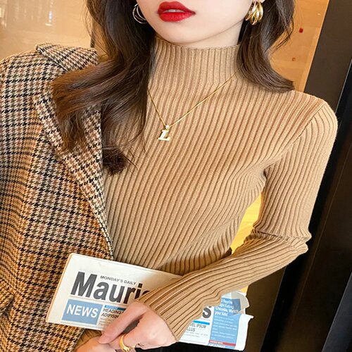 Elegant Solid Basic Knitted Tops Women Turtlneck Sweater Lo