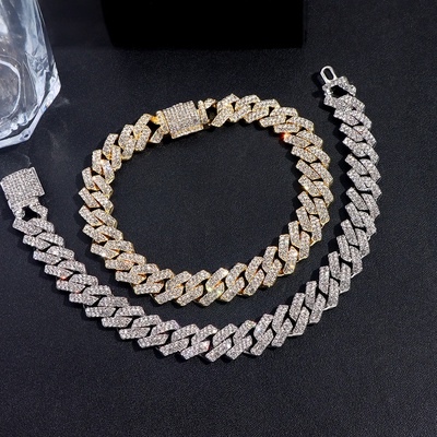 14MM Iced Prong Link Cuban Chain Bracelets for Men Women Fu