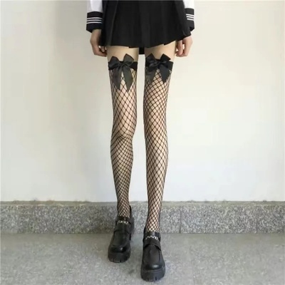 White Puresire Fishnet Stockings Pink Bow Tie Contrasting C