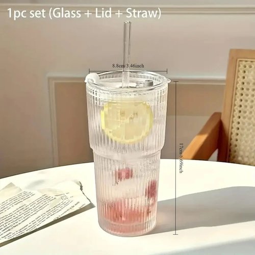 600ml Stripe Glass Cup with Lid and Straw Transparent Drink