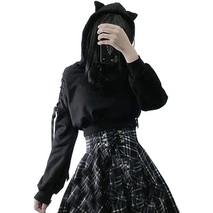 Y2k Gothic Womens Hoodie Cat Ear Crop Top Hooded Sweatshirt