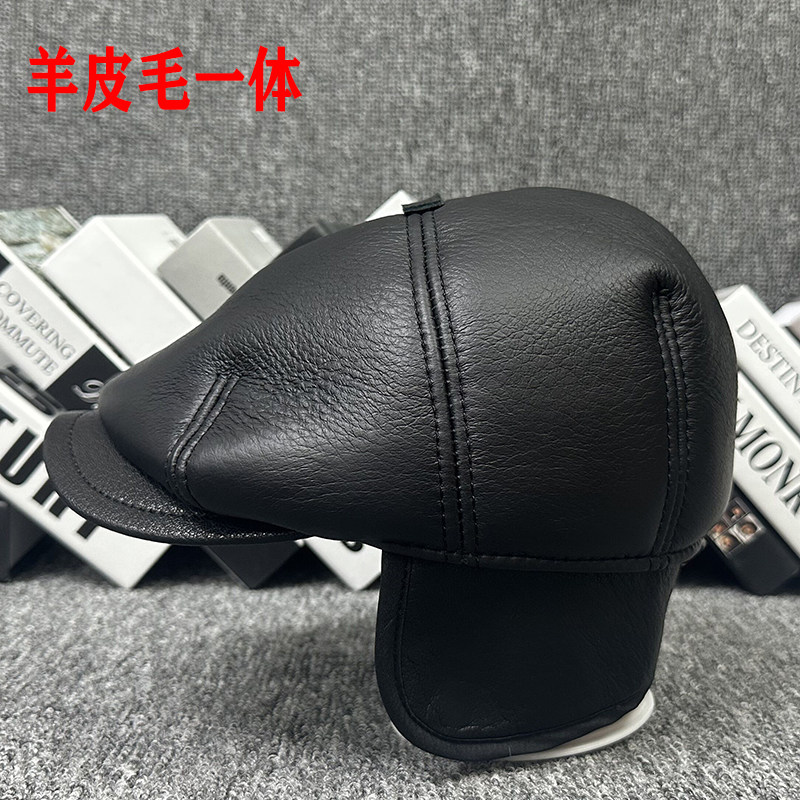 新款海宁羊皮毛一体户外鸭舌帽时尚英伦男女反绒磨砂真皮八角帽子