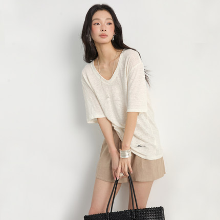 慵懒风V领短袖T恤女宽松百搭显瘦休闲上衣简约纯色-ME6TZ86708