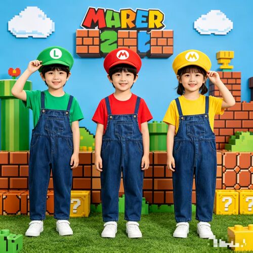 超级玛丽服装六一表演马里奥COS夏棉短T牛仔背带裤运动会班服