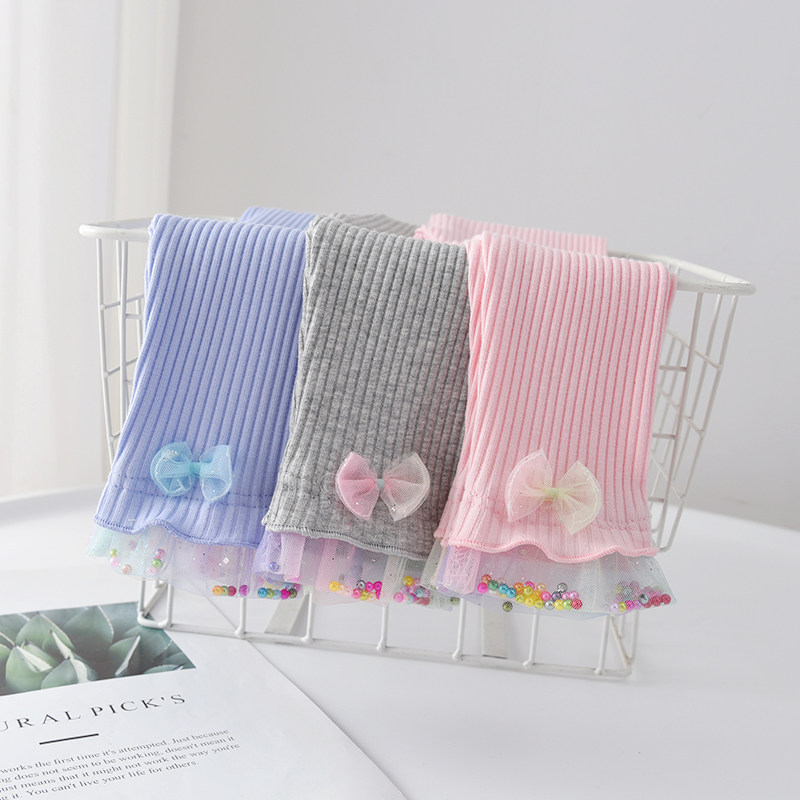 女童打底裤韩版糖果色蕾丝花边春秋新款针织长裤修身百搭弹力裤子